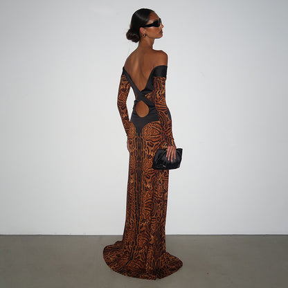 DLS off-shoulder hollow backless leopard print slim-fit long-sleeved dress