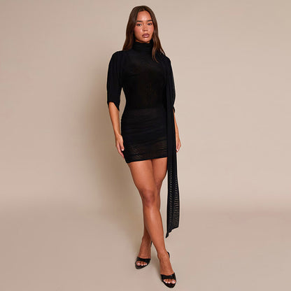 DZHT D26DS025 mesh turtleneck ribbon Raglan mid-sleeve skinny sheath dress