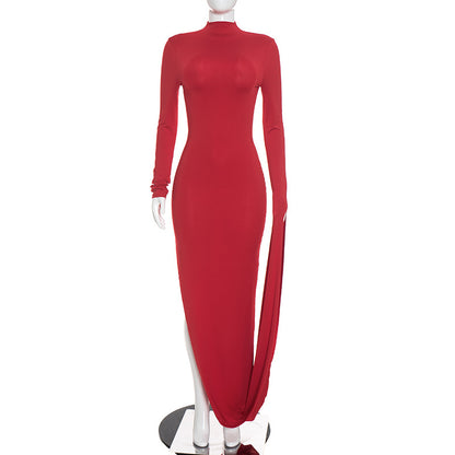 DZHT D26DS287 slim-fit half-turtleneck oblique sleeve dress