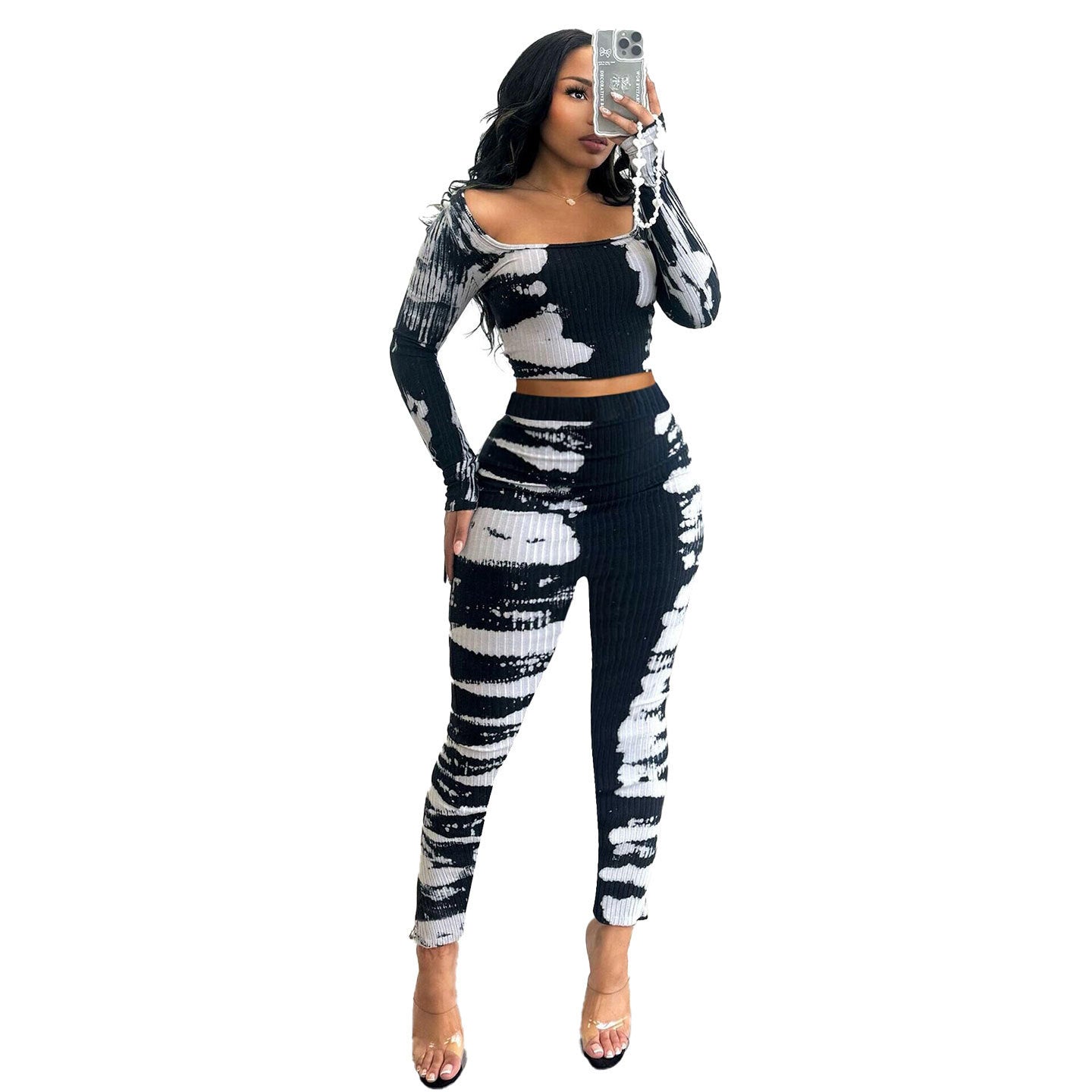 GY (S-3XL) K3152 printed slim fit sunken stripe two-piece set