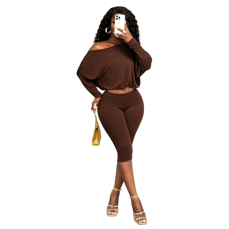 DZHT Q26ST123 simple shoulder loose top high waist cropped pants suit