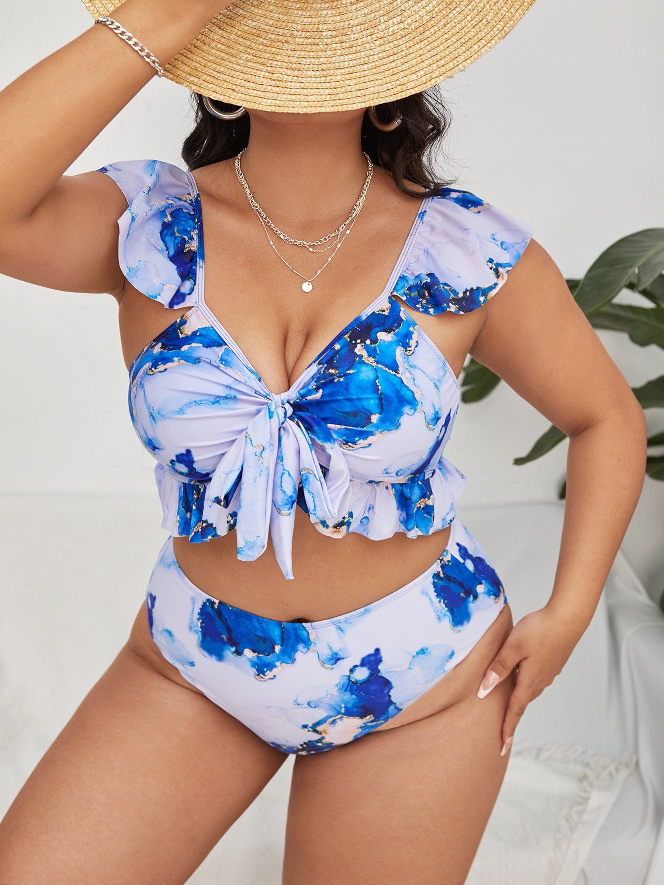 LF (L-4XL) women's split color printing swimsuit plus size