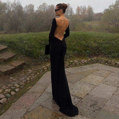 SXR fall winter fashion backless chain decoration long sleeve dress