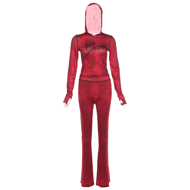 SXR autumn and winter feel cardigan top high waist tight printed trousers suit