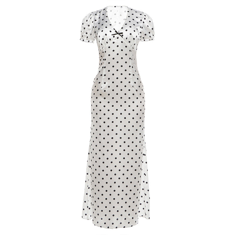SXR K6D08600A summer puff sleeve V-neck Bow polka dot dress