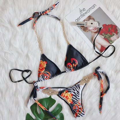 Sexy lace-up luxury rhinestone bikini three-piece set