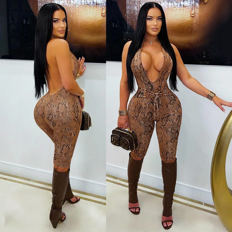 DZHT D26RP009 python print deep V halter strap bare back one-piece knee-length pants