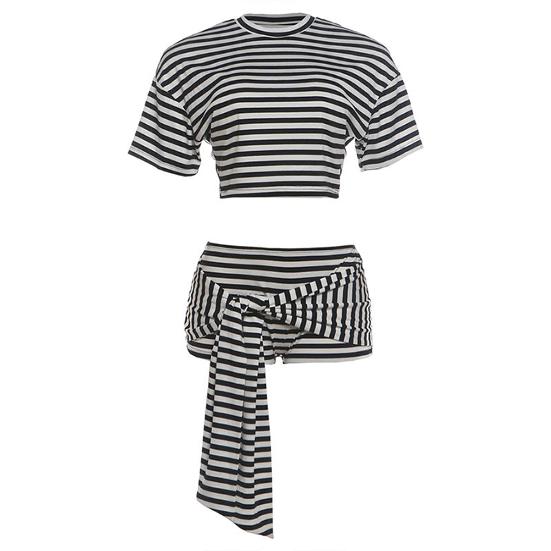 SXR K6S13039A summer navel T-shirt ribbon shorts striped suit