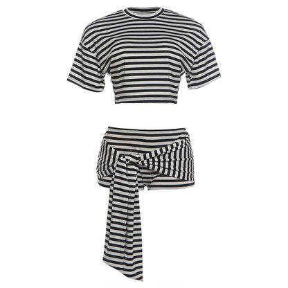 SXR K6S13039A summer navel T-shirt ribbon shorts striped suit