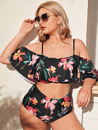 LF (L-4XL) plus size multi-color split printed swimsuit for women