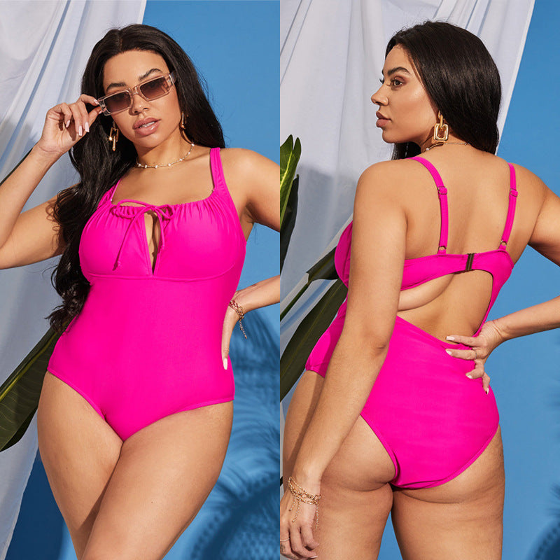 LF (L-4XL) swimsuit female sexy Siamese solid color plus size plus-sized