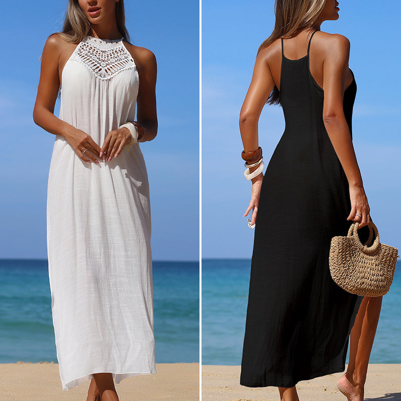 CYB beach skirt hand crocheting stitching suspender skirt side slit sun shield Hanfu long robe