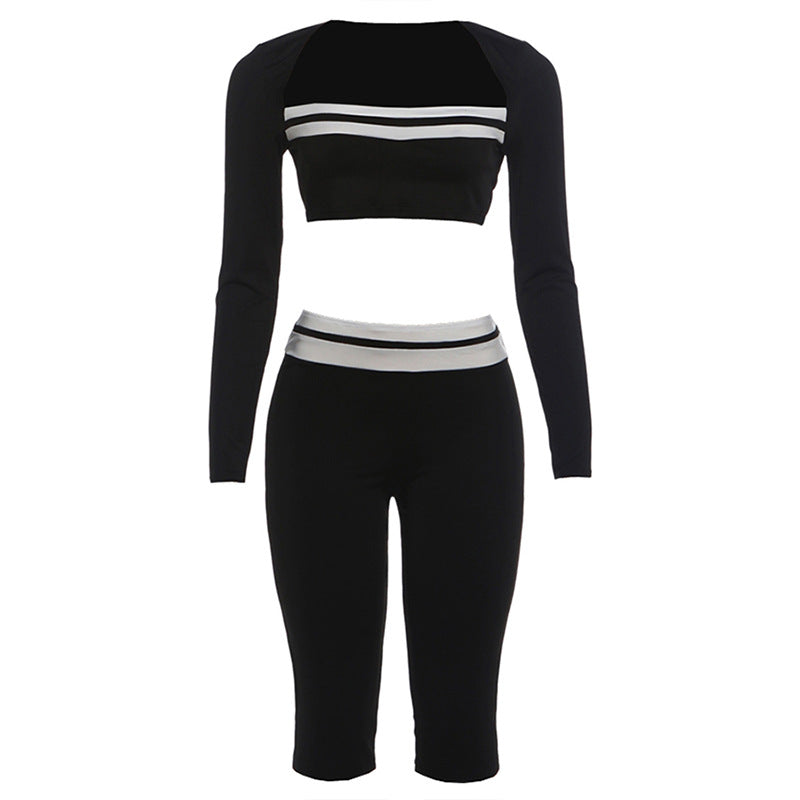SXR K6S12414A midriff-baring long sleeve top fifth pants suit