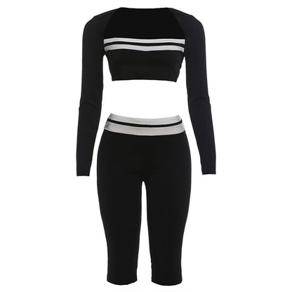SXR K6S12414A midriff-baring long sleeve top fifth pants suit