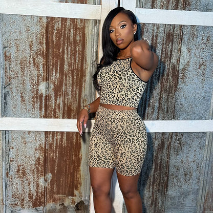 DZHT J26ST217 leopard print midriff-baring camisole tight shorts two-piece suit