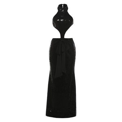 SXR autumn and winter backless hollow out stitching long dress sequins dress
