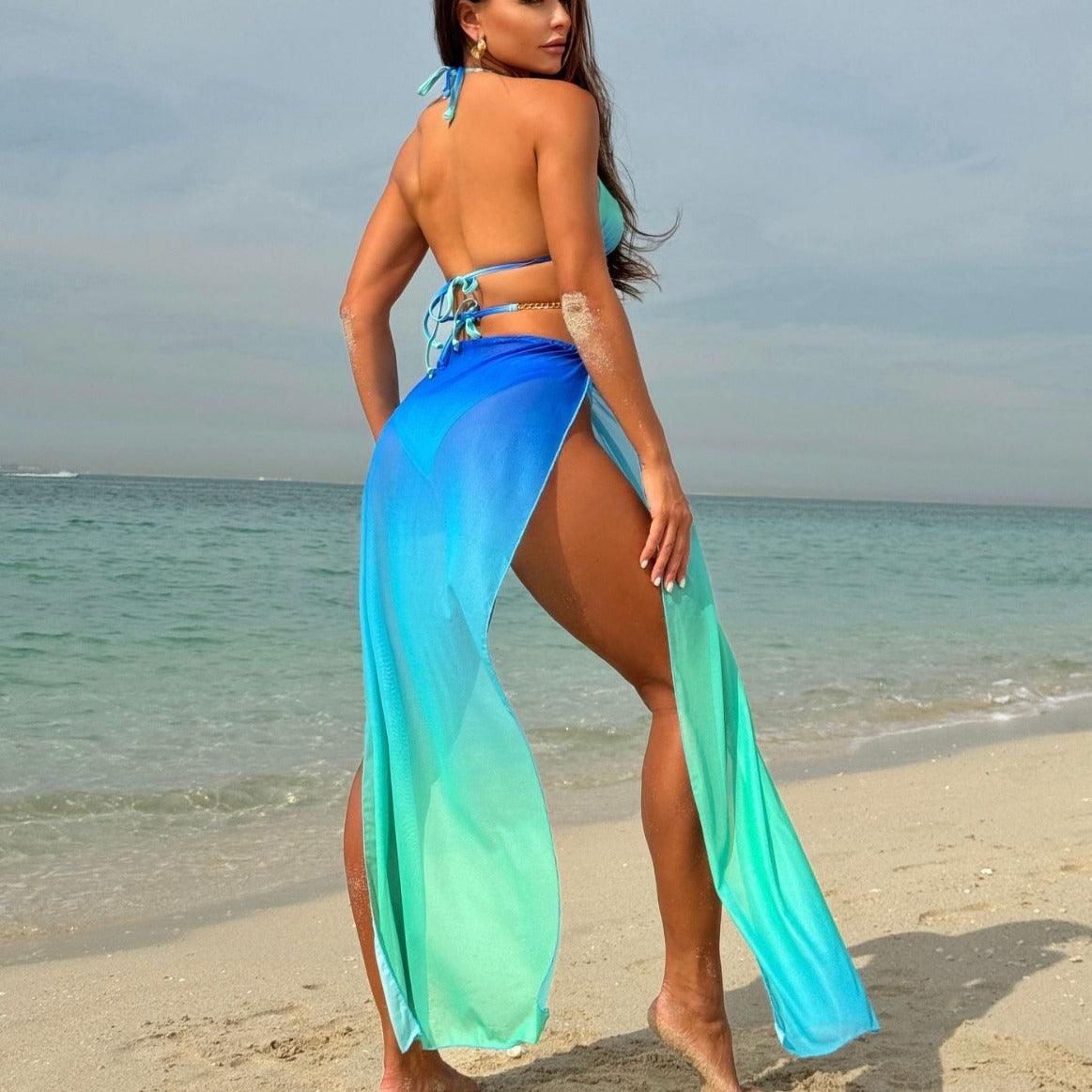 (4 days ready to ship) SY gradient mesh long dress drawstring banded bikini three-piece set