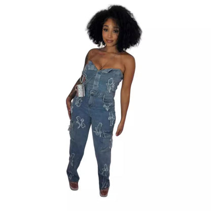 MZ (S-2XL) tube top embroidered MZ88590 cross tube top stretch one-piece trousers