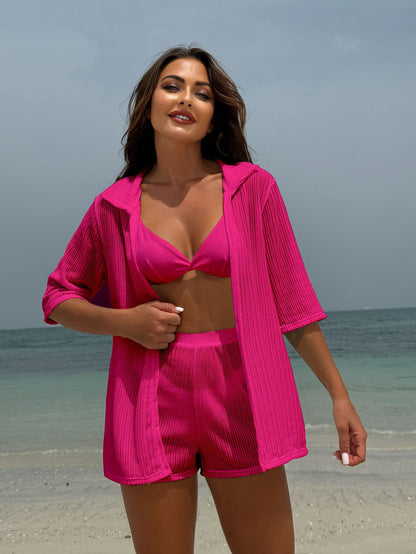 (4 days ready to ship) SY beach sun protection gauzy shirt shorts four-piece swimsuit