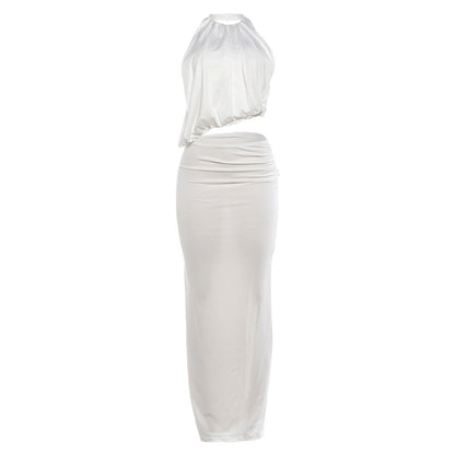 DLS summer halter backless vest slim fit slit long skirt suit