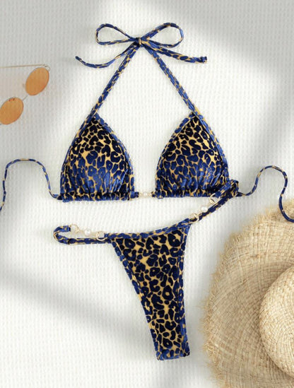 (4 days ready to ship) SY T-shaped pearl leopard special fabric swimsuit bikini