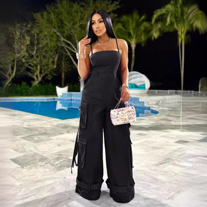(S-2XL) ZSC tube top multi-pocket workwear jumpsuit wide leg jumpsuit