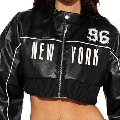 SXR autumn short zip leather coat fashion print stitching jacket