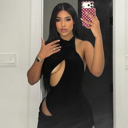 DZHT D26DS097 solid color false two-piece Cross Hollow sleeveless midriff outfit sheath jumpsuit skirt