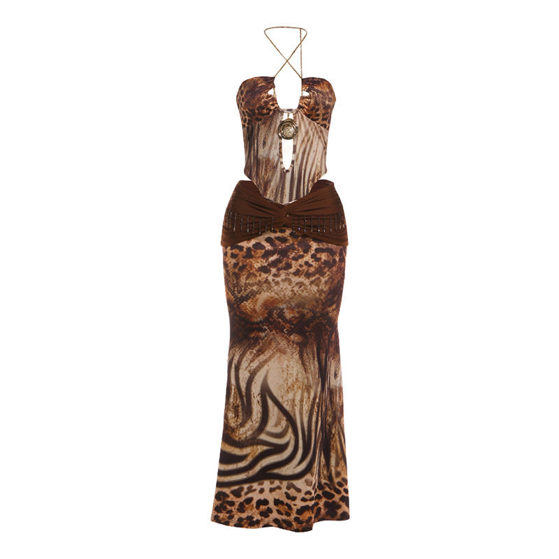 SXR K6S05008A spring halter sexy backless bodysuit long skirt suit
