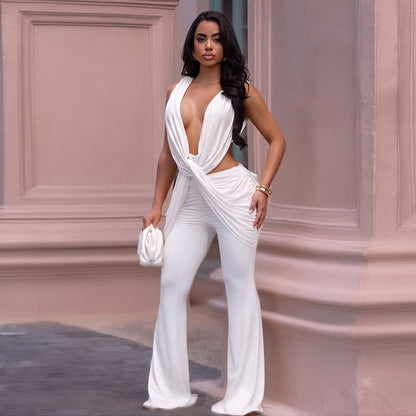 DZHT J26JP194 solid color layered draping effect low collar sleeveless one-piece trousers