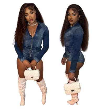 MZ (S-2XL) zipper solid color stitching stretch denim lace-up jumpsuit shorts