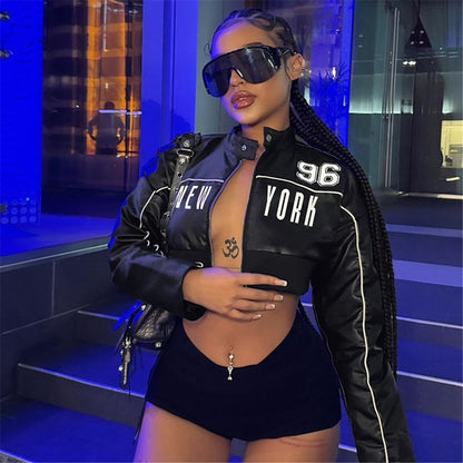 SXR autumn short zip leather coat fashion print stitching jacket