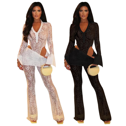 MYF (S-2XL) 10835 see-through jumpsuit lace two-piece set