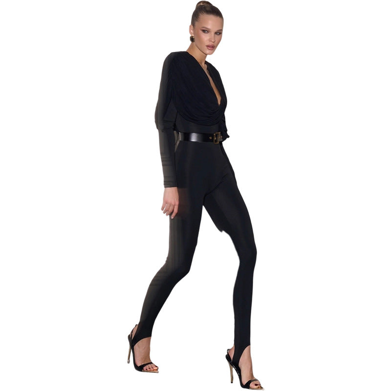 SXR autumn and winter deep V-neck tight-fitting solid color trousers step-on jumpsuit