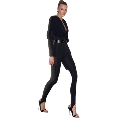 SXR autumn and winter deep V-neck tight-fitting solid color trousers step-on jumpsuit