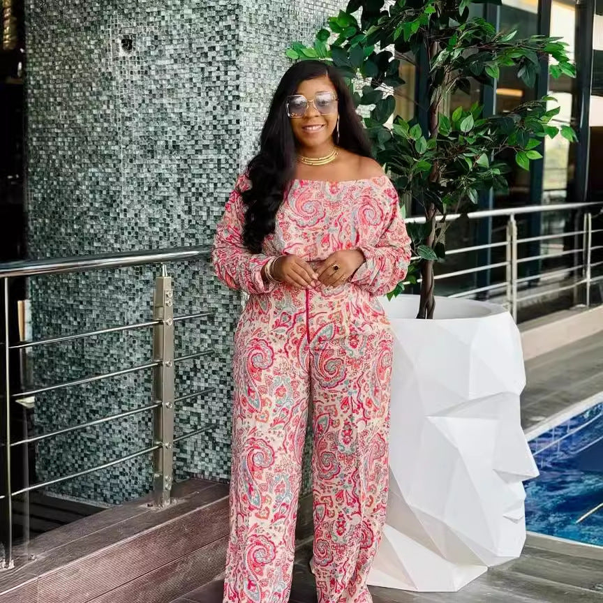 GY (S-3XL) S10711 loose off-the-shoulder elastic pleated long sleeve wide leg suit