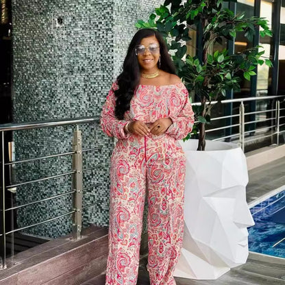 GY (S-3XL) S10711 loose off-the-shoulder elastic pleated long sleeve wide leg suit