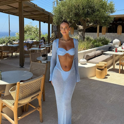 CYB INS beach dress see-through two-way long sleeve backless knitted long dress blouse
