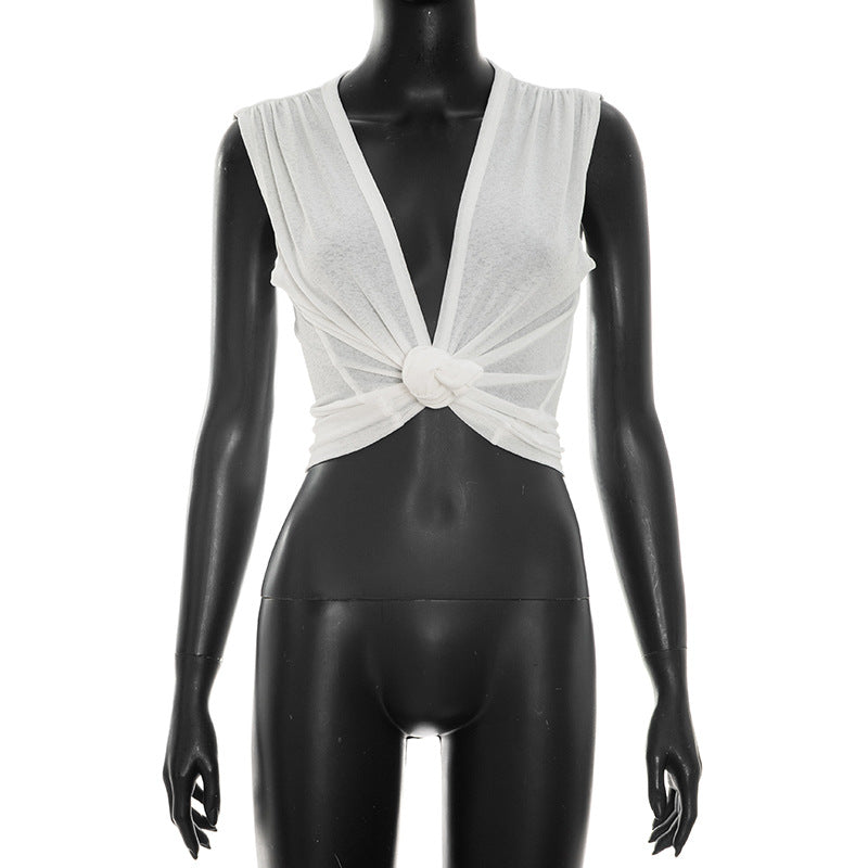 DZHT C26TP090 spring/summer solid color deep V-neck knotted sleeveless short top T-shirt