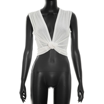 DZHT C26TP090 spring/summer solid color deep V-neck knotted sleeveless short top T-shirt