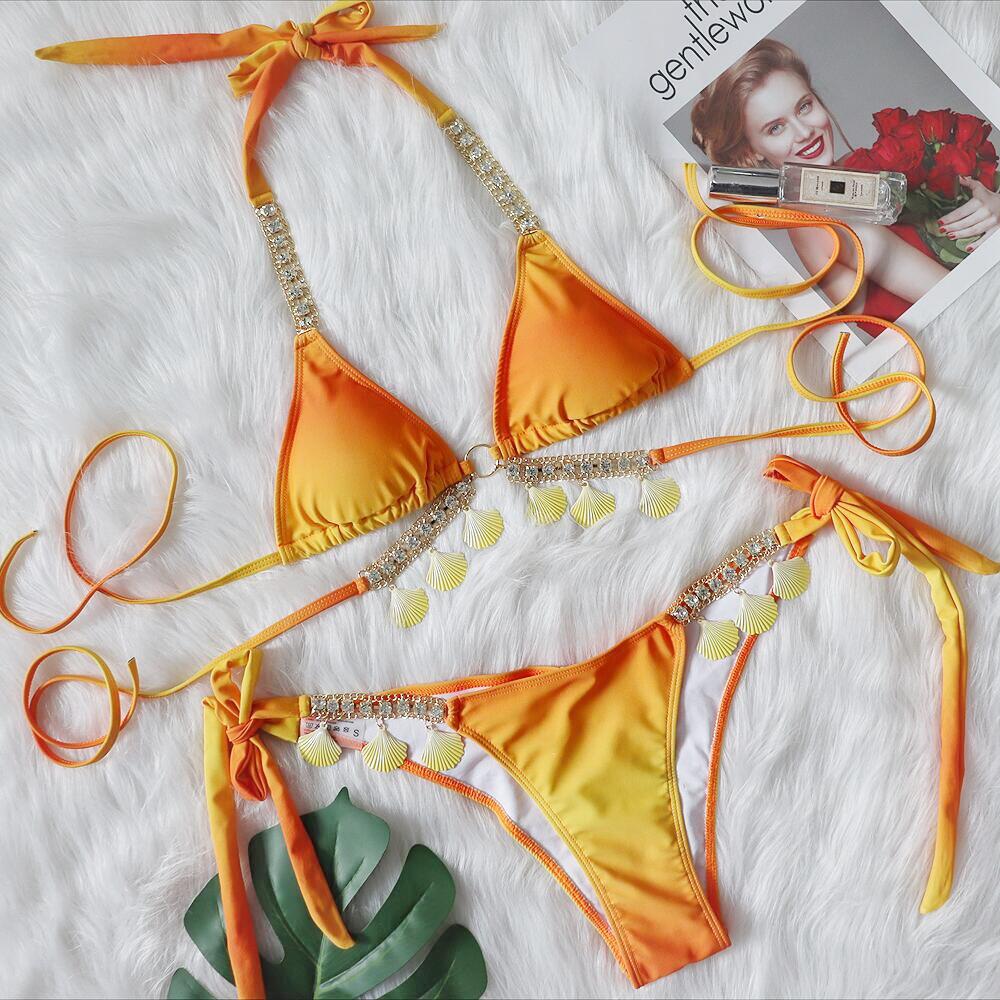 Sexy lace-up gradient printing women's split luxury crystal diamond bikini shell