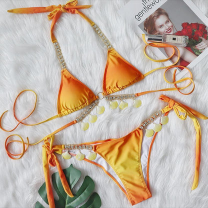 Sexy lace-up gradient printing women's split luxury crystal diamond bikini shell