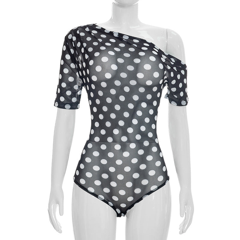 DZHT J26BS139 summer dot mesh see-through off-the-shoulder short sleeve rompers