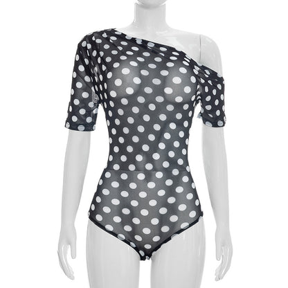 DZHT J26BS139 summer dot mesh see-through off-the-shoulder short sleeve rompers