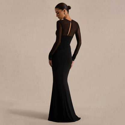 SXR 2026 spring high waist grenadine stitching long sleeve dress