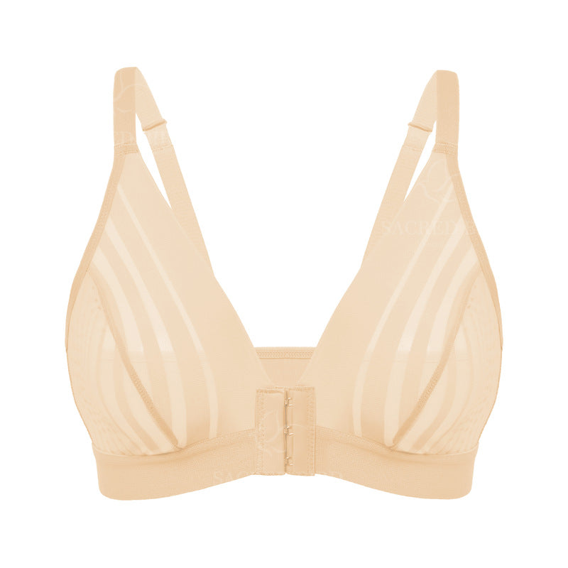 Lace stitching see-through thin sports underwear adjustable large size without steel ring front buckle breastfeeding gathering bra