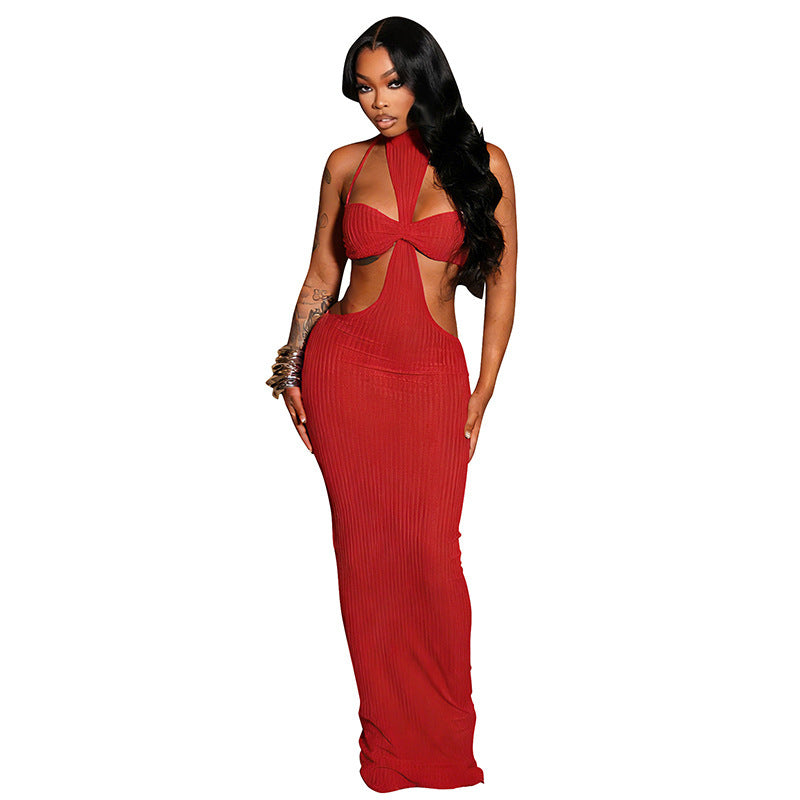 DZHT D26DS017 sleeveless sunken stripe cutout sling long dress