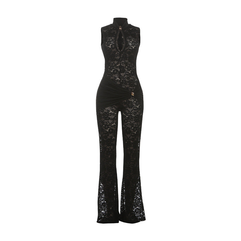 SXR autumn and winter lace stitching sleeveless high waist micro-pull jumpsuit