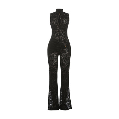 SXR autumn and winter lace stitching sleeveless high waist micro-pull jumpsuit