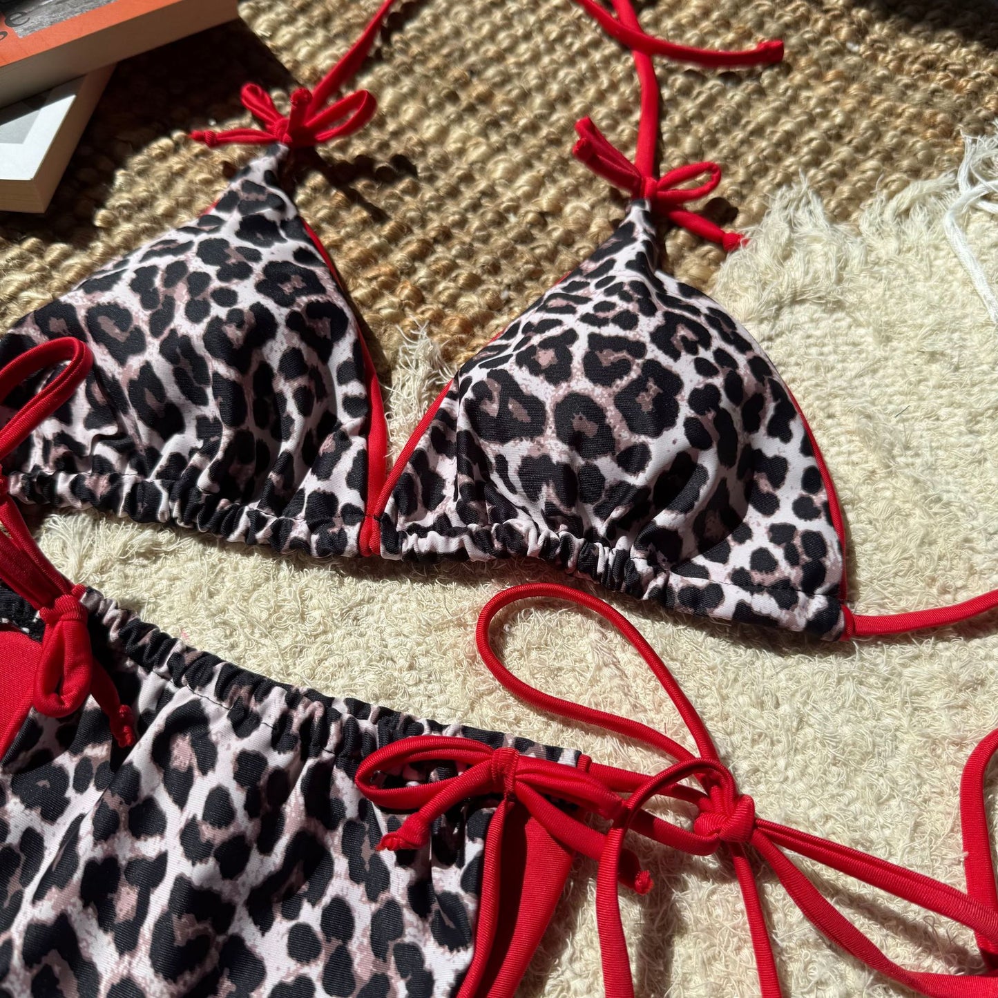 (4 days ready to ship) SY lace-up leopard print color block split swimsuit bikini
